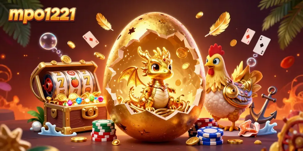 mpo1221 menampilkan naga emas dan simbol slot dalam ilustrasi kasino yang mengesankan
