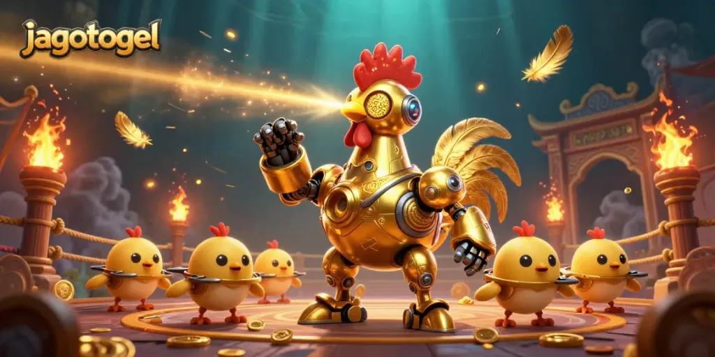 Permainan jagotogel dengan robot ayam emas futuristik dan drone anak ayam, menampilkan suasana taruhan yang seru.