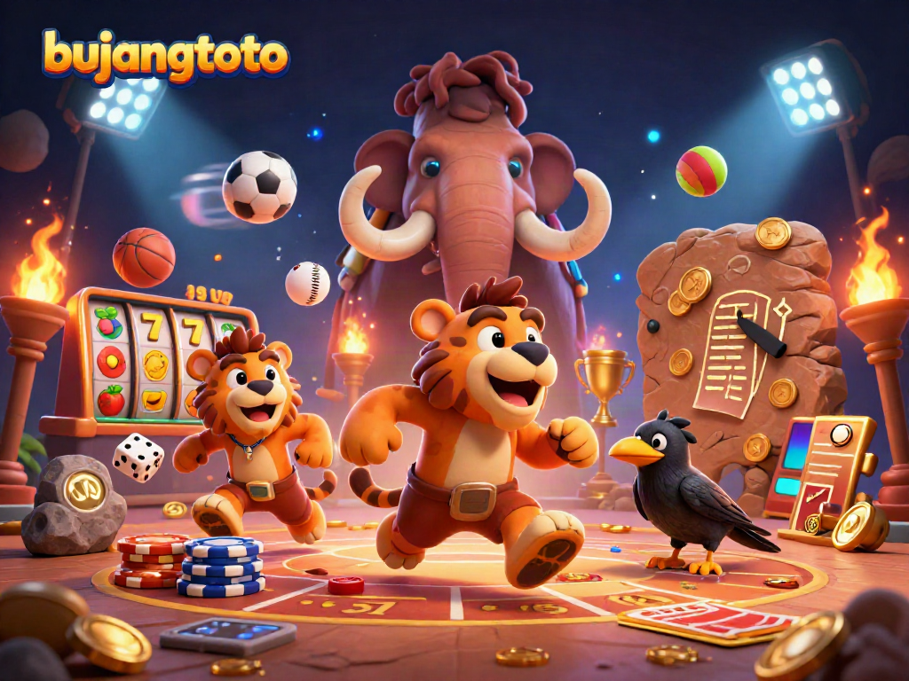 Bujangtoto showcases a prehistoric casino scene with dynamic gaming elements like slot reels and sports balls, featuring a caveman and sabertooth tiger duo.
