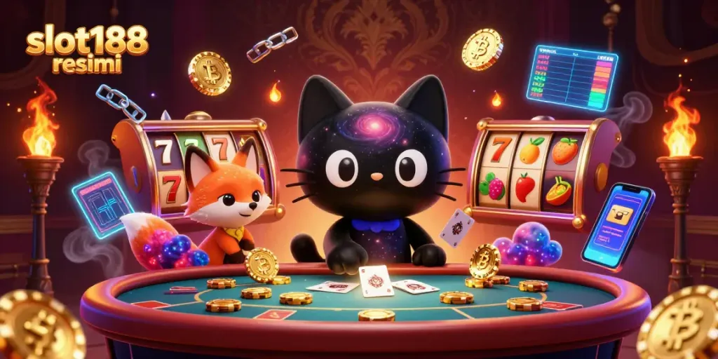 Permainan slot188 resmi menghadirkan tema kasino yang menarik dengan karakter unik dan elemen permainan digital.