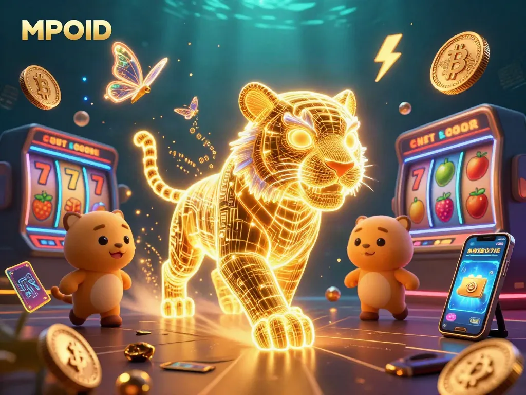 MPOID casino experience with a glowing neon tiger and slot game elements enhancing the thrill.