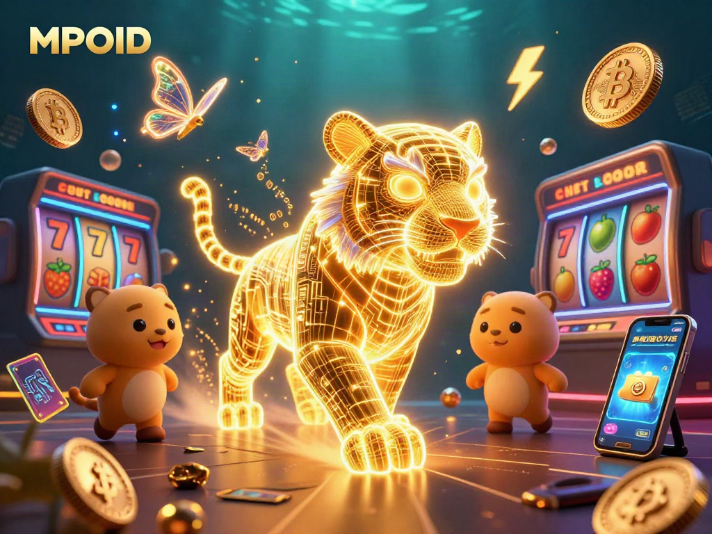 MPOID casino experience with a glowing neon tiger and slot game elements enhancing the thrill.