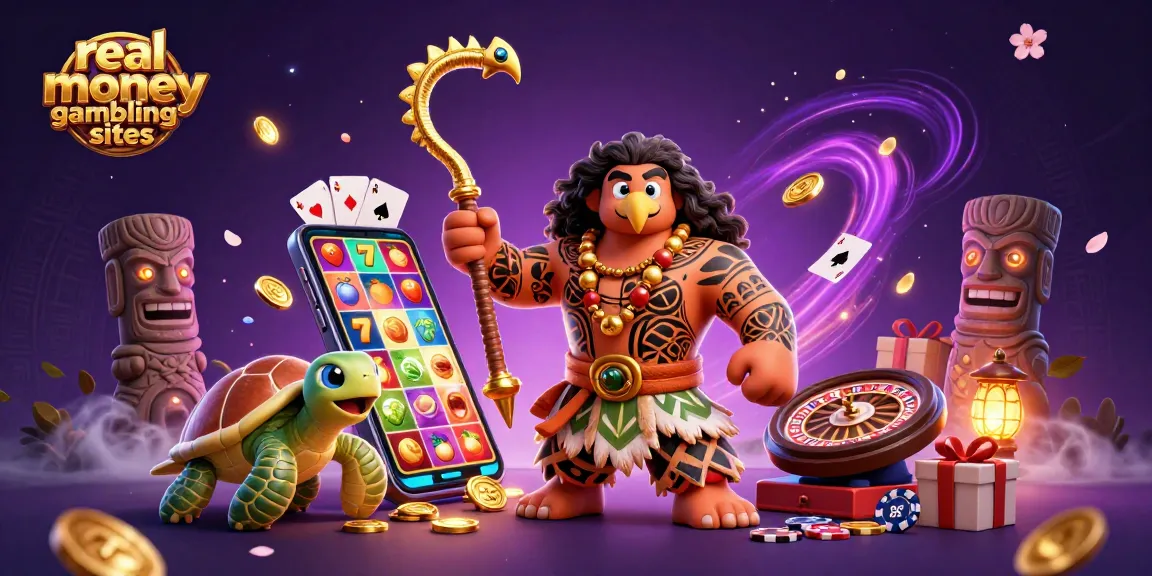 Engaging scene showcasing the real money gambling sites with Maui-style demigod, turtle, and vibrant casino elements.