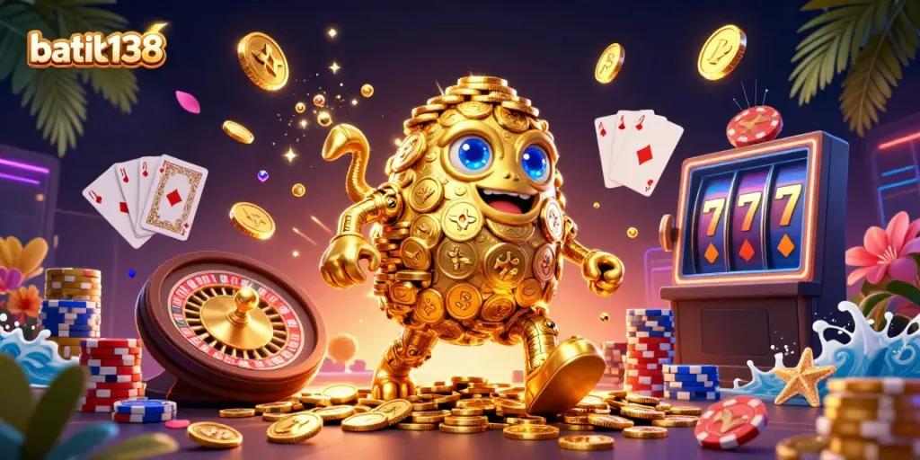 Gambaran menarik batik138 dengan golem emas dan elemen kasino, bermain slot untuk kemenangan besar.