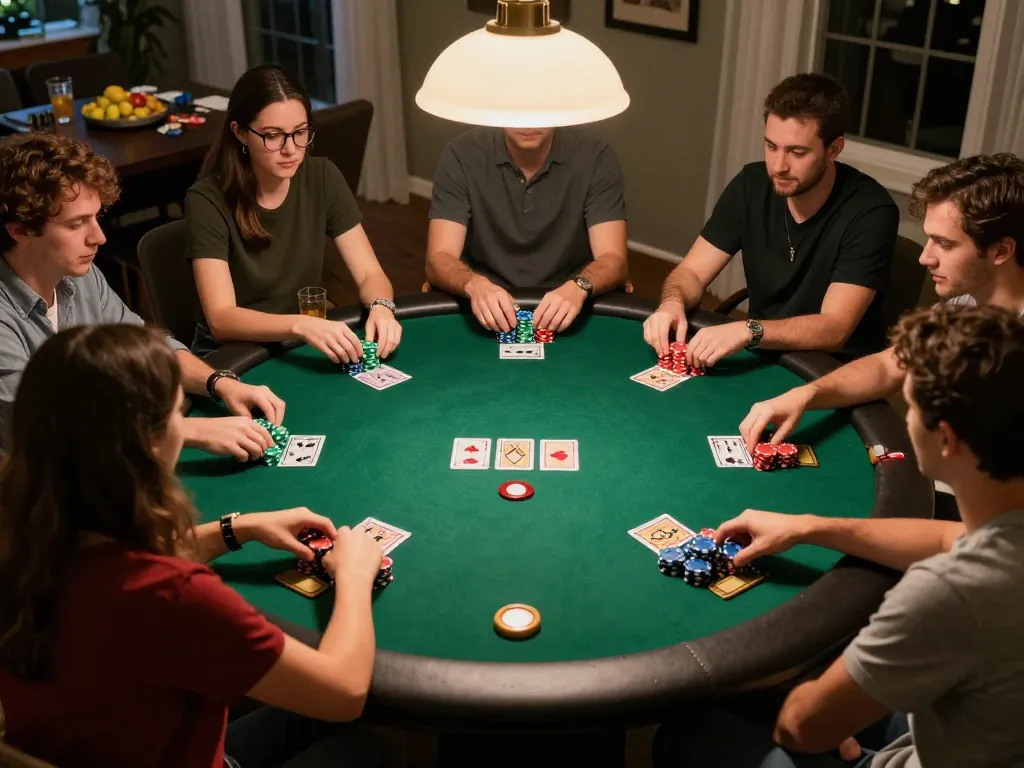 IDNSCORE poker night with friends strategizing and enjoying gameplay at home.