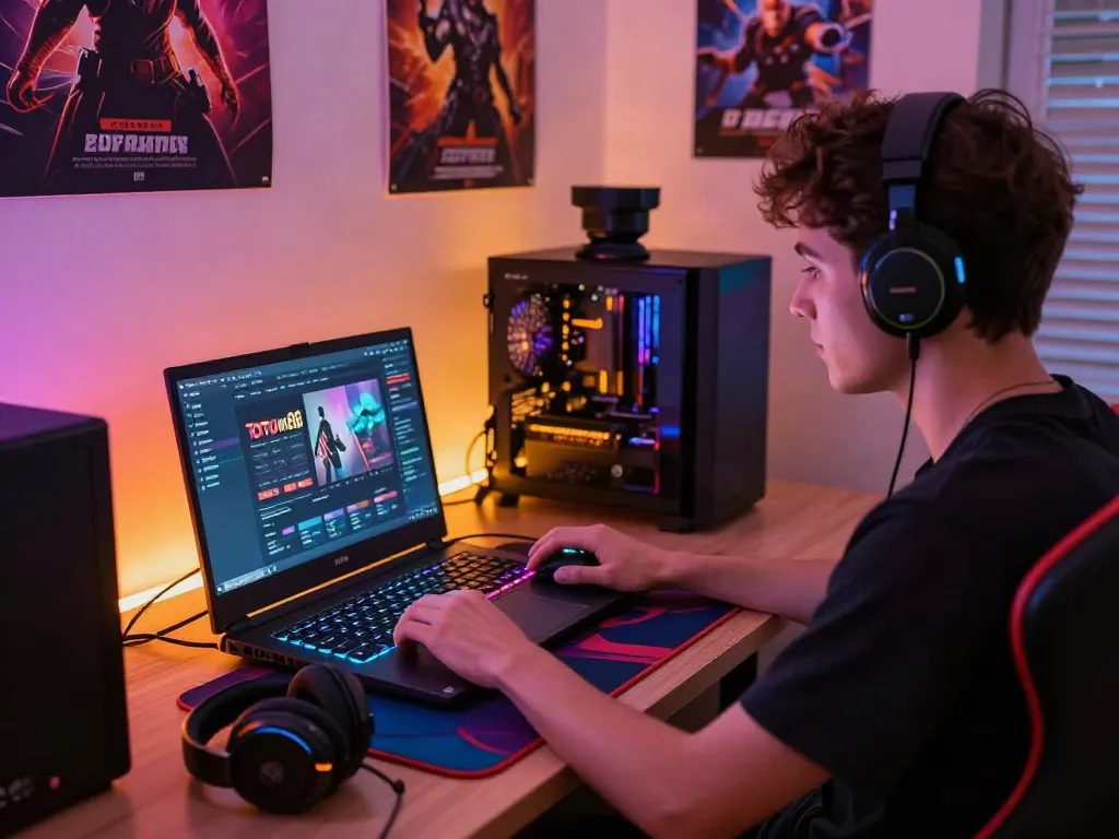 Setup permainan online dengan laptop dan aksesori gaming totowin88 di ruang yang nyaman.