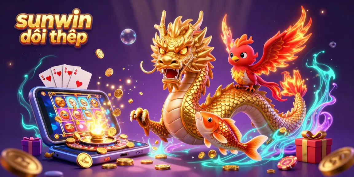 Experience sunwin đổi thưởng with a dynamic dragon, phoenix, and koi fish amid vibrant gambling elements.