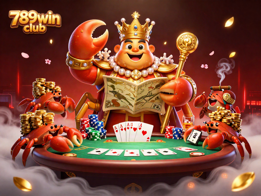 Engage with the vibrant scene of the 789win club featuring a golden crab emperor at a poker table.