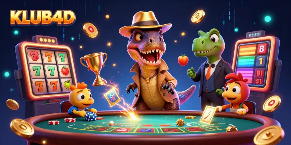 Seorang velociraptor mencoba menyamar di meja blackjack di situs KLUB4D, dikelilingi elemen kasino yang menggugah.