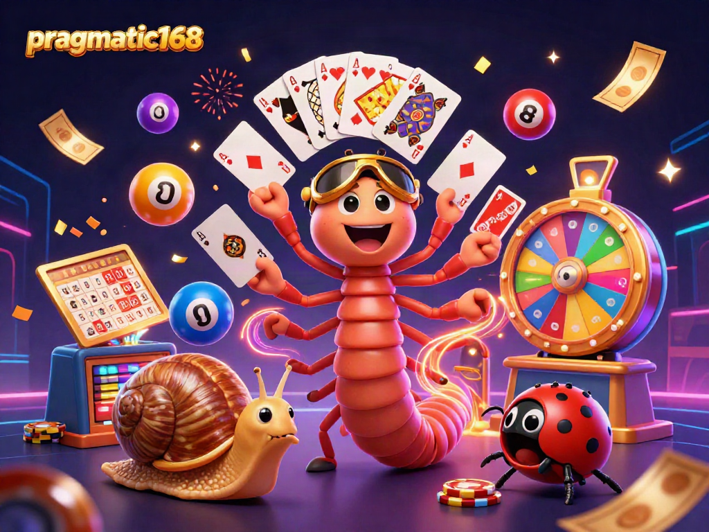Play exciting games with pragmatic168 through a vibrant 3D casino illustration featuring dynamic characters and elements.