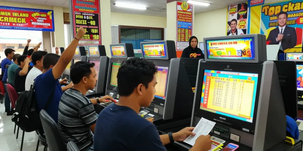 Suasana seru di pusat permainan togel cirebon toto dengan pemain yang aktif dan layar hasil undian yang berwarna-warni.
