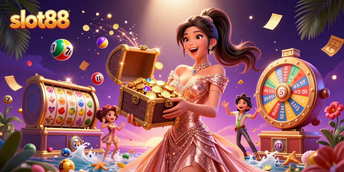 Experience thrilling gameplay with slot88 as vibrant bingo cards and colorful lottery balls fill the scene.