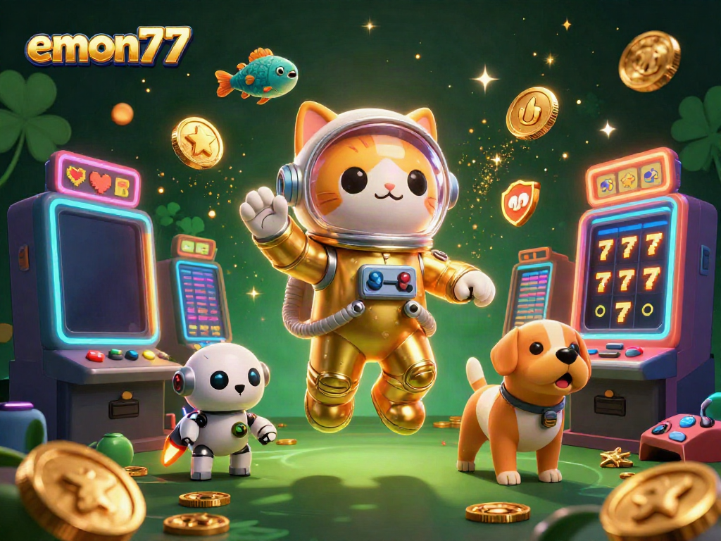 Experience the charm of emon77 with a golden slot machine scene featuring a space astronaut cat.