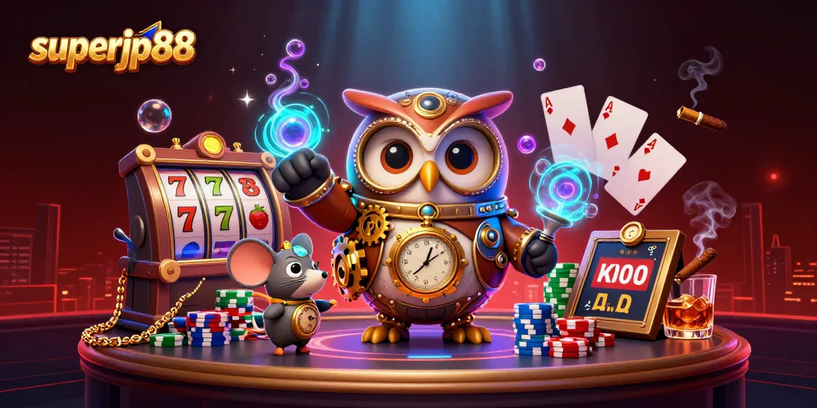 Experience superjp88 in a vibrant casino scene with a time-traveler owl and dynamic slot reels.