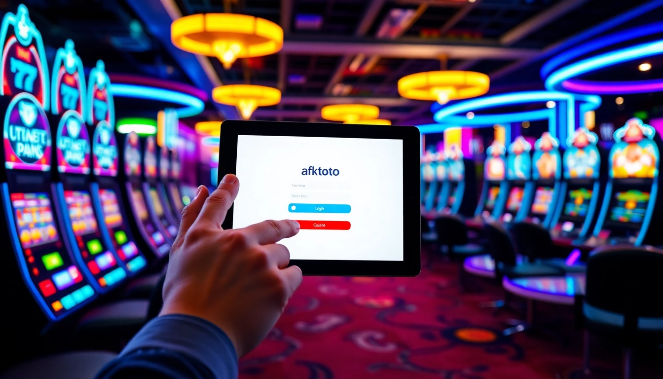 Engage with afktoto login interface, set against a lively casino backdrop, enhancing user experience.
