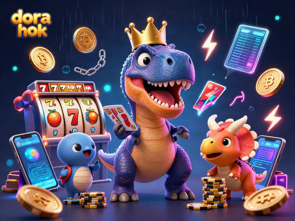 Permainan dora hok dengan T-Rex mengocok kartu dan triceratops menumpuk chip emas.