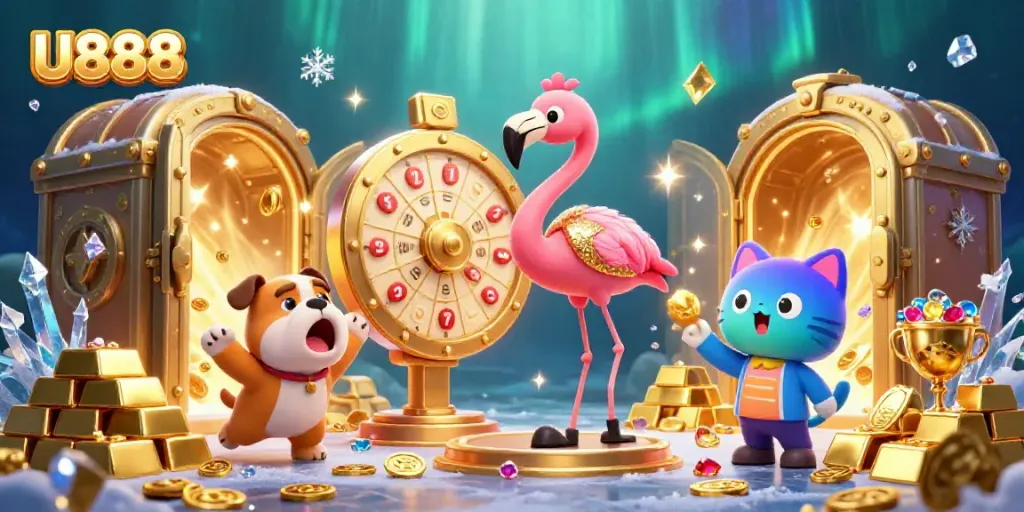 Experience thrilling wins and excitement at U888, where vibrant cartoon characters interact with dazzling casino elements.