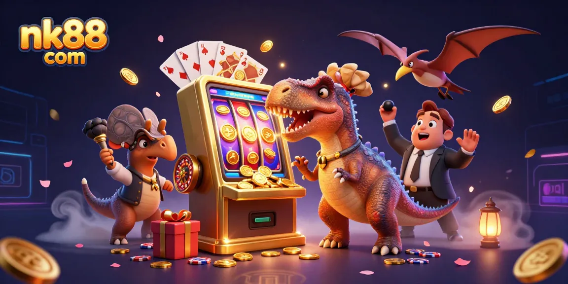 Experience the thrill at nk88 com as a pachycephalosaurus scores a jackpot while a manager waves in excitement.