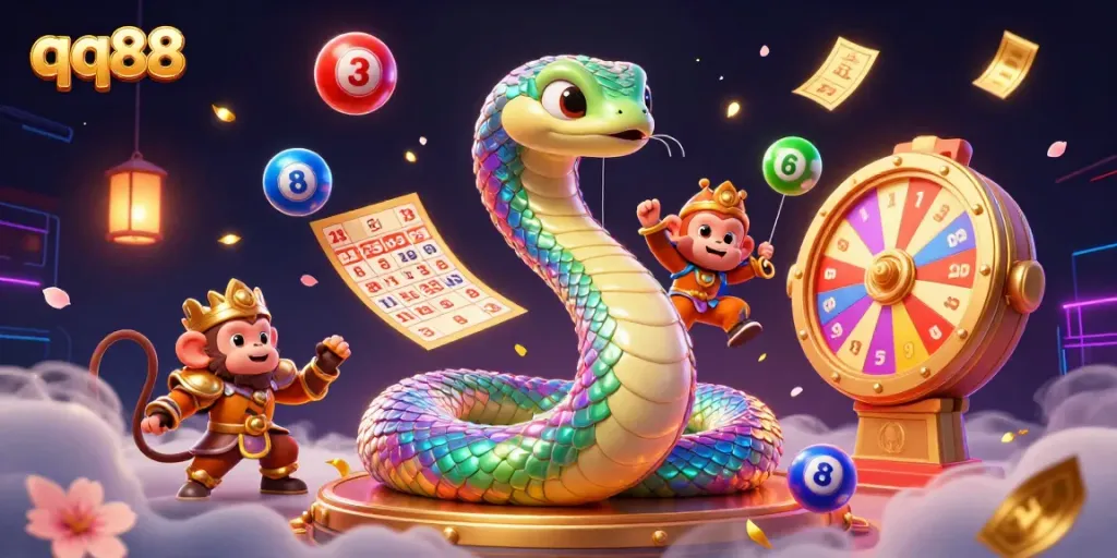 Engage with the vibrant qq88 online casino experience, featuring a rainbow serpent and golden monkey king in an exhilarating scene.