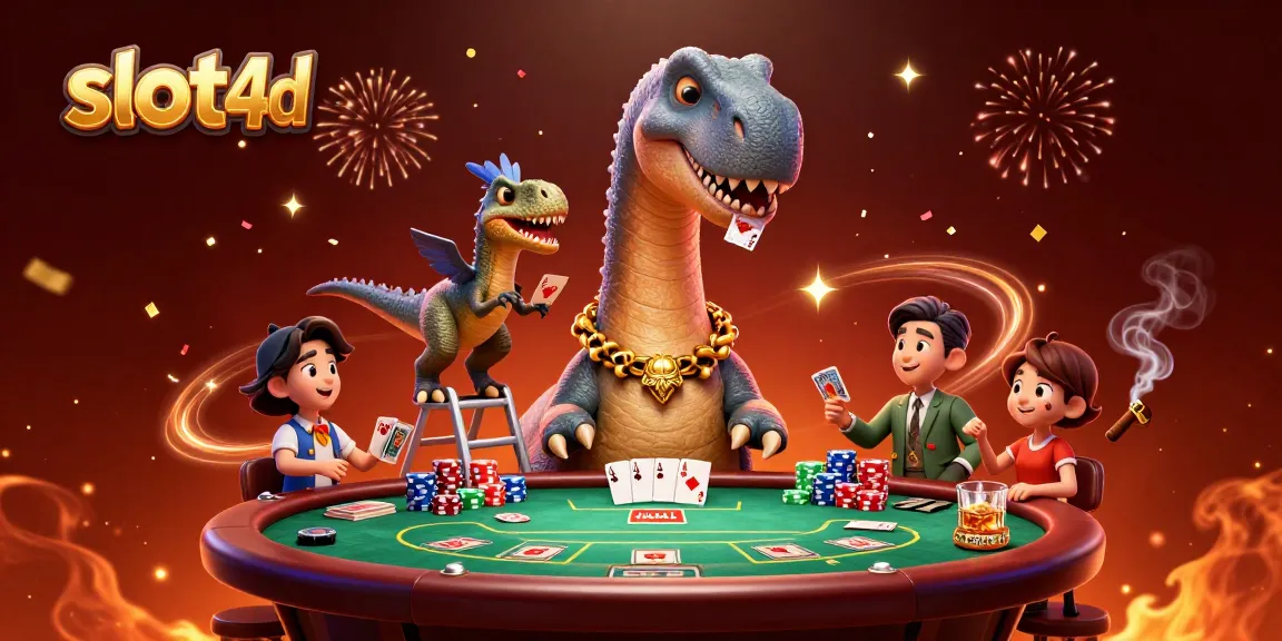slot4d showcases a vibrant 3D illustration with a brontosaurus at a poker table, capturing casino excitement.