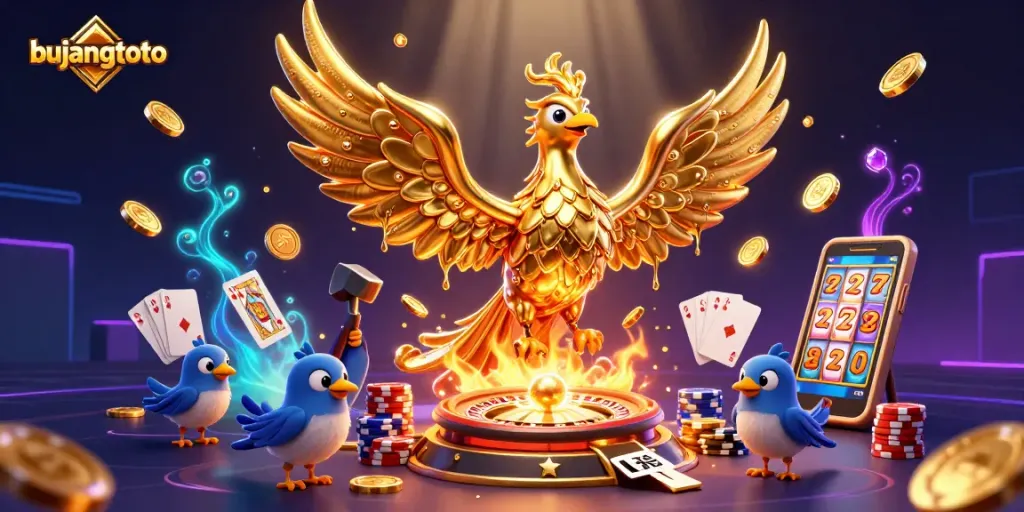 Experience thrilling wins at bujangtoto with a dynamic casino scene featuring golden phoenix and action-packed games.
