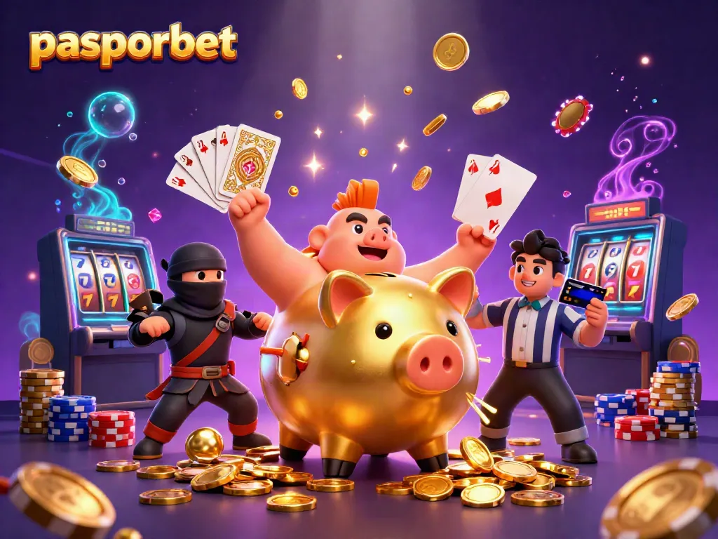 Menangkan jackpot di permainan slot pasporbet dengan karakter unik dalam ilustrasi kasino.