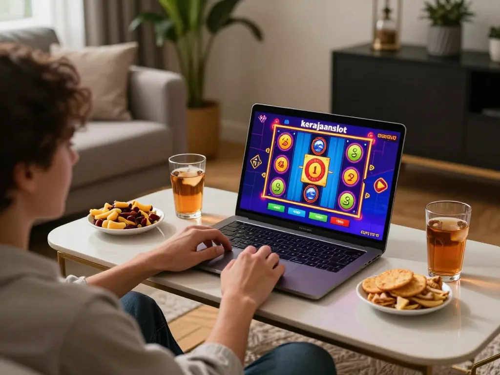 Engaging with kerajaanslot on a laptop at home, creating a vibrant online gaming atmosphere.