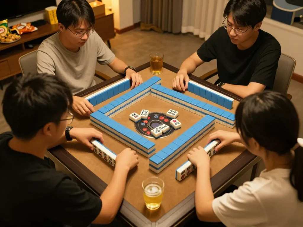 Optimalisasi ritme putaran mahjong ways dalam sesi permainan di rumah yang penuh warna dengan pemain yang terlibat dalam strategi.