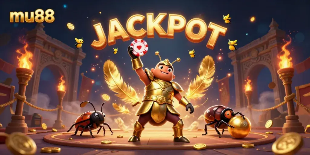 Experience excitement with mu88 as a hercules beetle wins the jackpot in a vibrant casino arena.