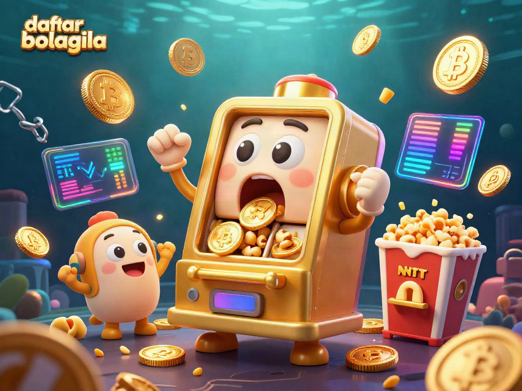 Experience the thrill of daftar bolagila with a vibrant scene depicting a golden slot machine winning as coins pour out, surrounded by exciting game elements.
