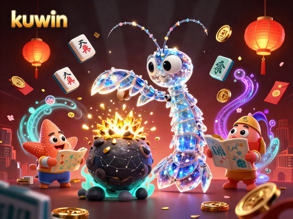 Kuwin casino-themed illustration featuring a galactic mantis shrimp amid vibrant game elements and rich details.