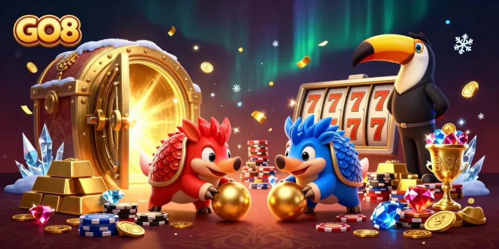 GO8 pangolins compete in a vibrant casino atmosphere with golden treasures and slot reels.
