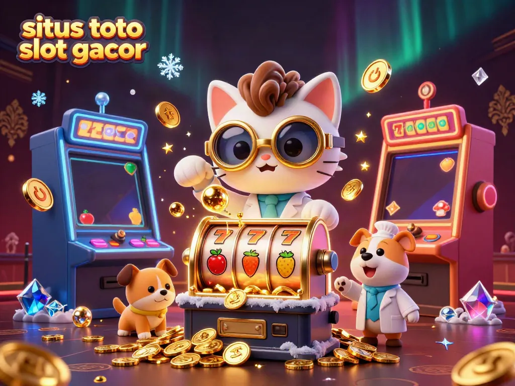 Menangkan jackpot dengan situs toto slot gacor, ilustrasi 3D penuh warna dengan kucing dan anjing di kasino.