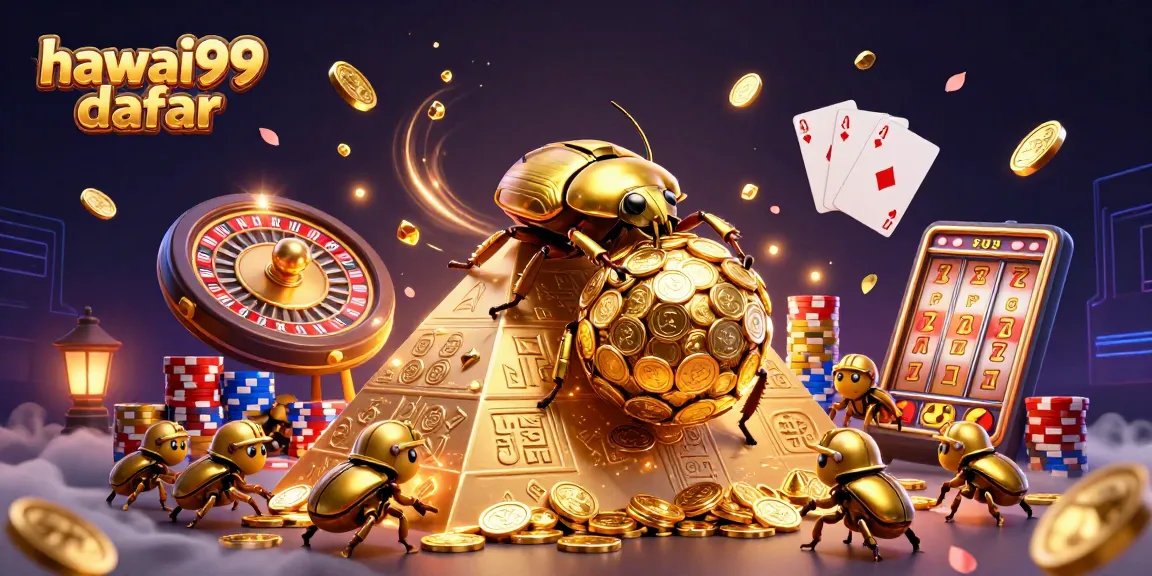 Engaging gameplay at hawai99 daftar with golden coins, beetles, and spinning roulette wheel illustration.