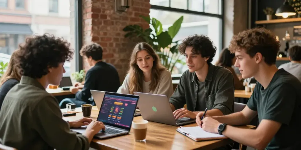 Suasana kafe modern dengan kelompok muda mendiskusikan alexistoto sambil menggunakan laptop.