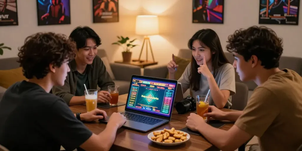 Grup teman memainkan natunatoto dalam suasana hangat dan seru.
