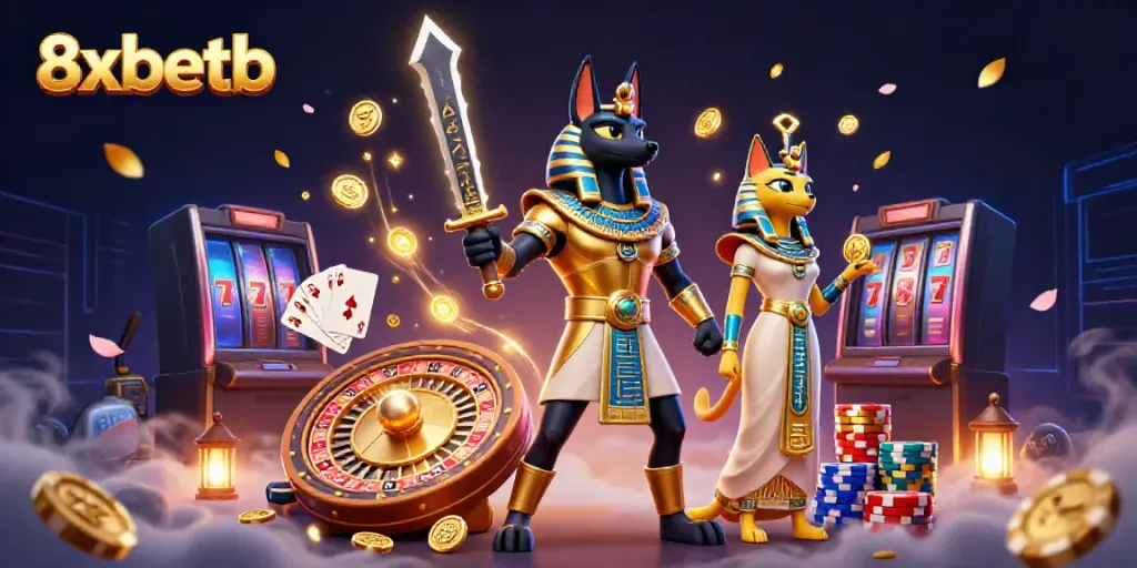 Experience thrilling gameplay at 8xbetb featuring Anubis and treasures in a dynamic casino scene.