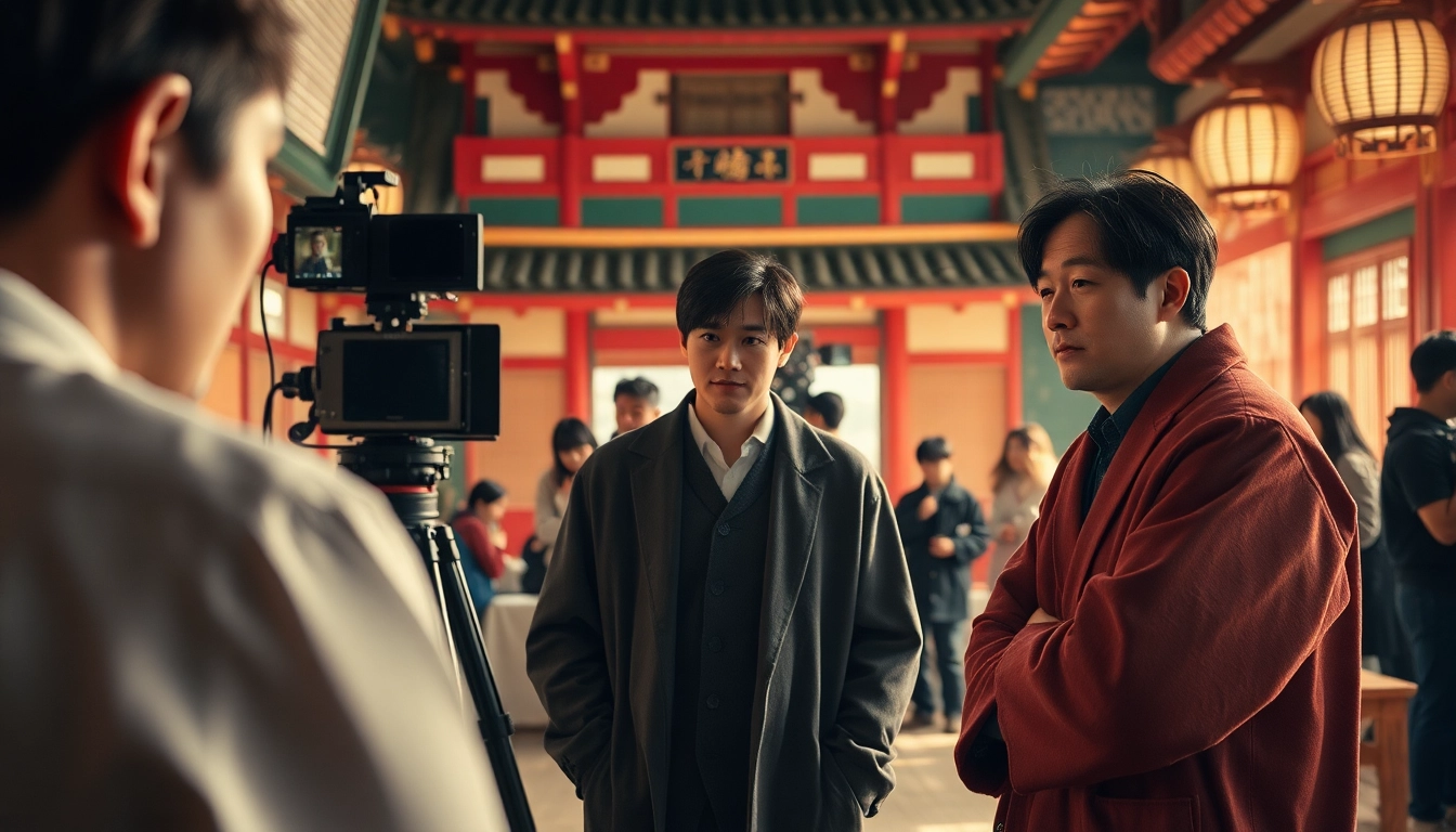 Menggambarkan karakter film semi jepang yang beraksi di set produksi.