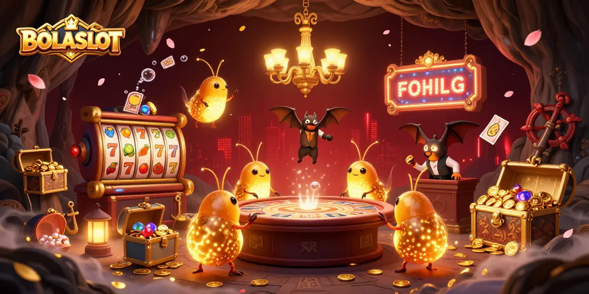 BOLASLOT offers an enchanting gaming experience with a vibrant cave casino, highlighting spinning slot reels and captivating glowworms.