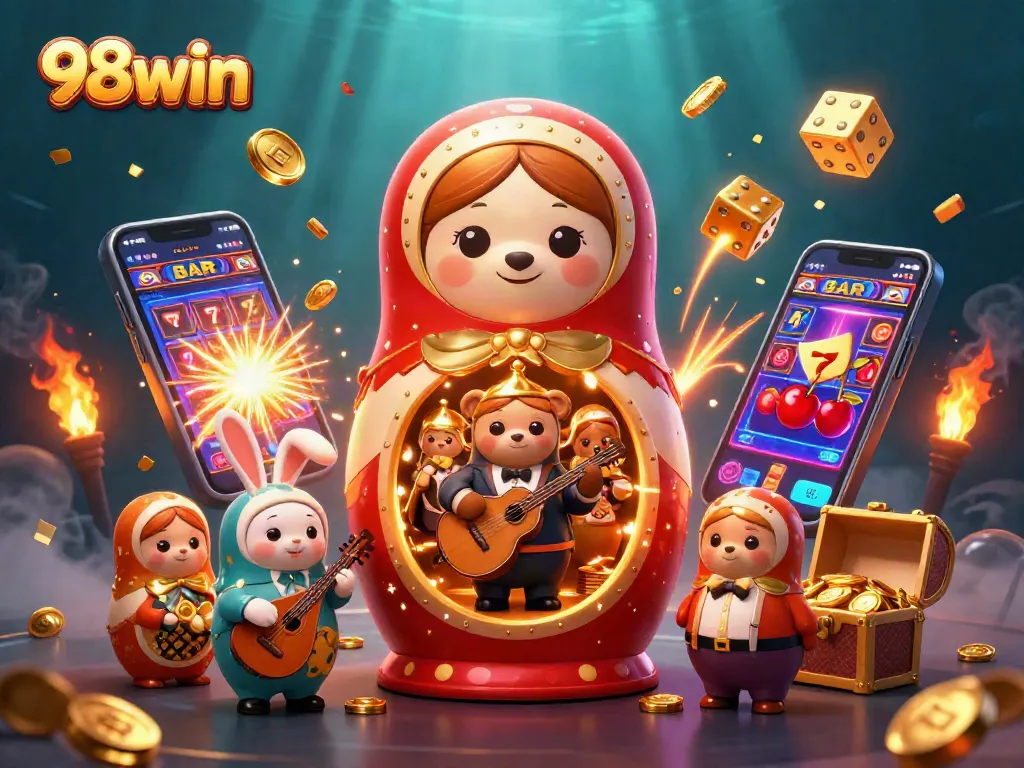 Experience the thrill of 98win with vibrant casino elements in this engaging 3D illustration.