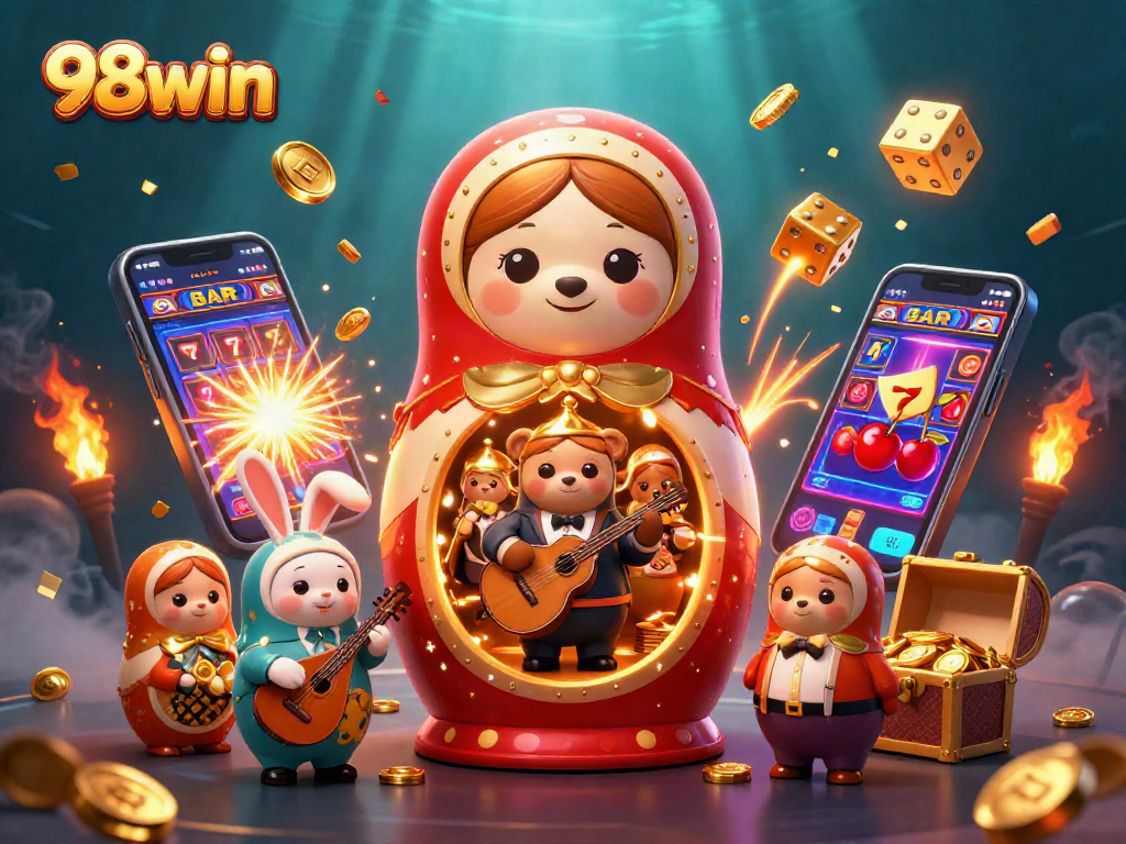 Experience the thrill of 98win with vibrant casino elements in this engaging 3D illustration.