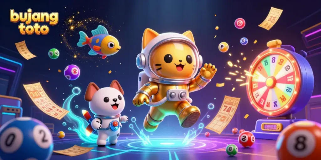 Gambarkan keseruan bujang toto dengan kucing astronaut 3D beraksi di luar angkasa dan bola lotre berwarna-warni.