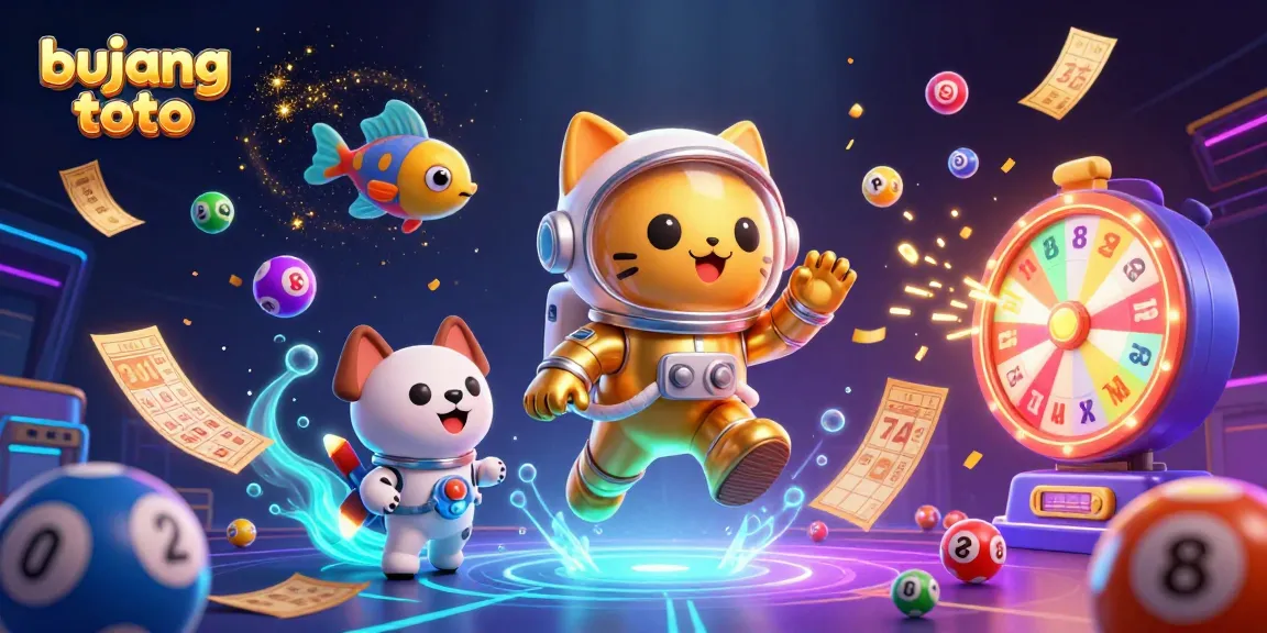 Gambarkan keseruan bujang toto dengan kucing astronaut 3D beraksi di luar angkasa dan bola lotre berwarna-warni.
