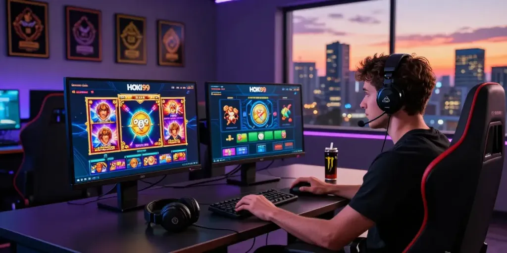 Pemain menikmati pengalaman HOKI99 dengan permainan slot online di monitor di dalam ruangan gaming yang modern.
