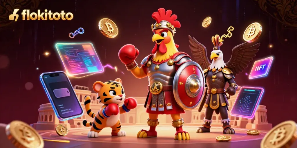 Actively engage with flokitoto’s thrilling casino experience featuring a gladiator rooster and crypto symbols.
