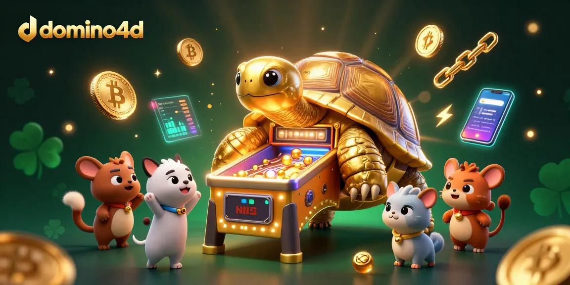 Permainan domino4d interaktif dengan kura-kura pinball dan koin kripto yang bersinar.