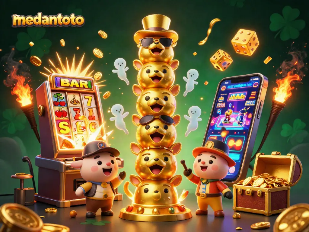 Medantoto mempersembahkan permainan kasino yang memikat dengan simbol keberuntungan dan jackpot berkilauan.