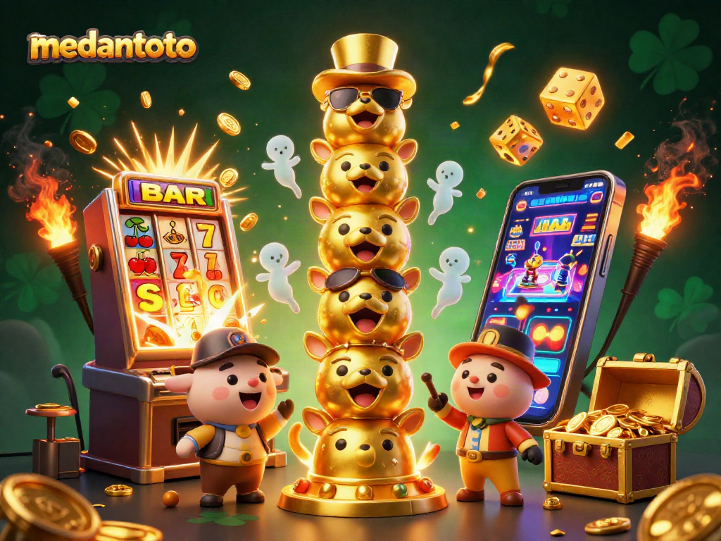 Medantoto mempersembahkan permainan kasino yang memikat dengan simbol keberuntungan dan jackpot berkilauan.