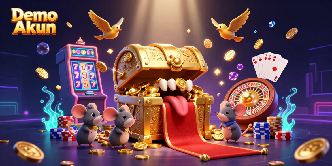 Engage with Demo Akun in a vibrant casino scene filled with spinning reels, golden treasures, and thrilling gaming elements.