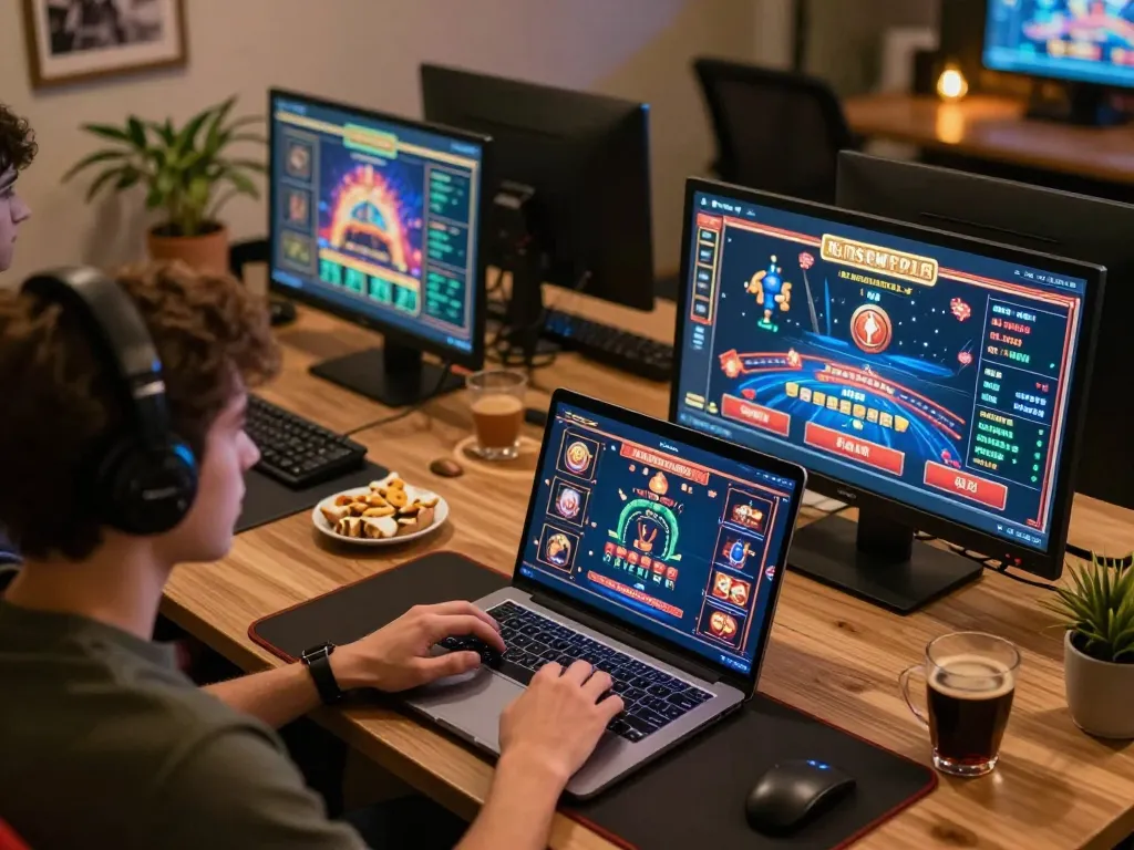 Player enjoying online gaming at home with live casino games on screen, engaging with luckywinz platform.
